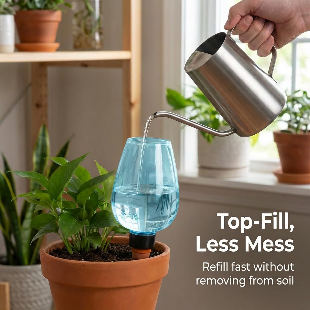 Kysren 3 pcs Self Watering Globes for Indoor Plants - Top-Fill 11.8oz Blue Plant Watering Devices for Vacation, Plastic Watering Bulbs with Terracotta Spikes