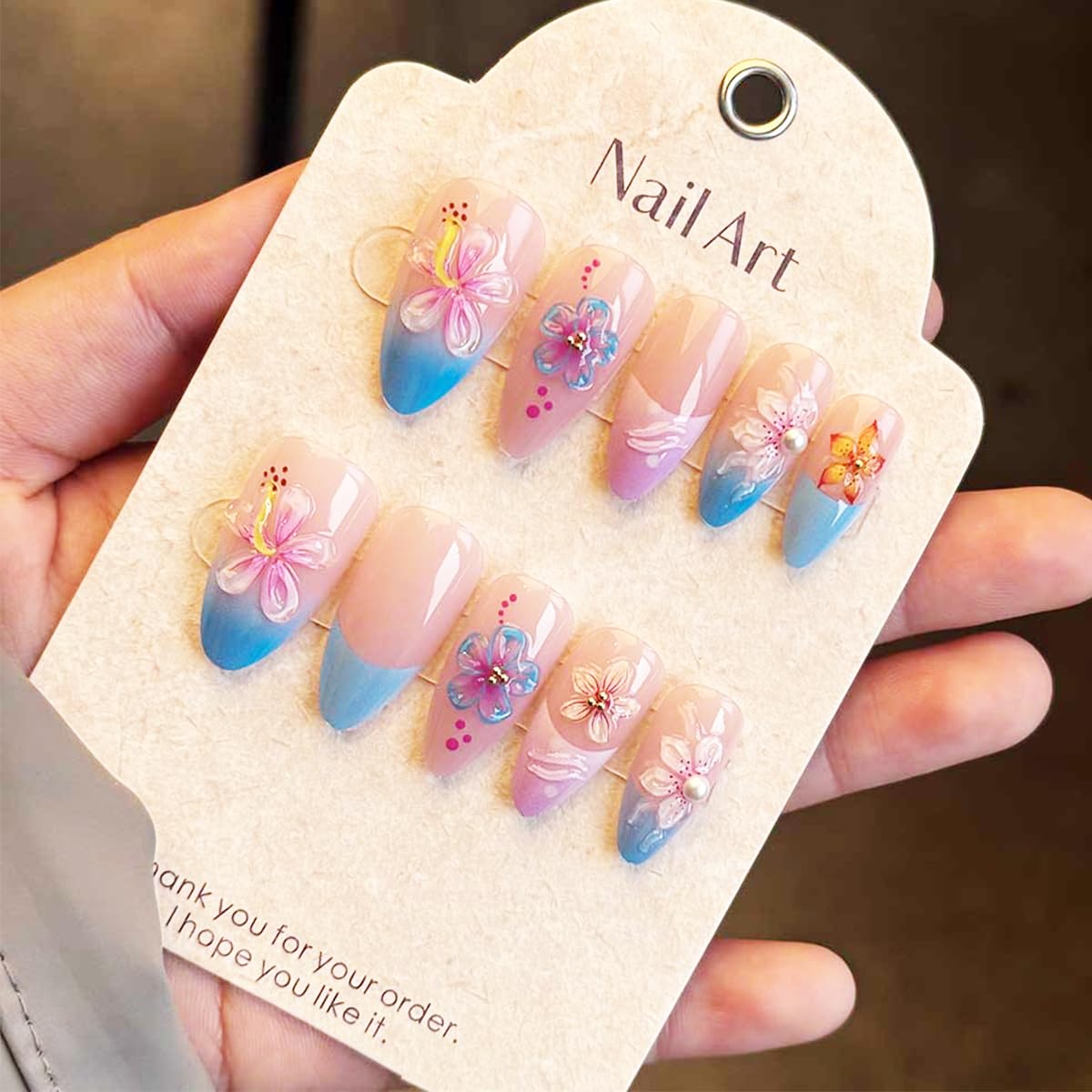 24Pcs 3D Flower Press on Nails Medium Almond French Tip Fake Nails Tropical Floral False Nails with Rhinestones Pink Blue Gradient Acrylic Nails Reusable Full Cover Stick on Nails for Women Manicure
