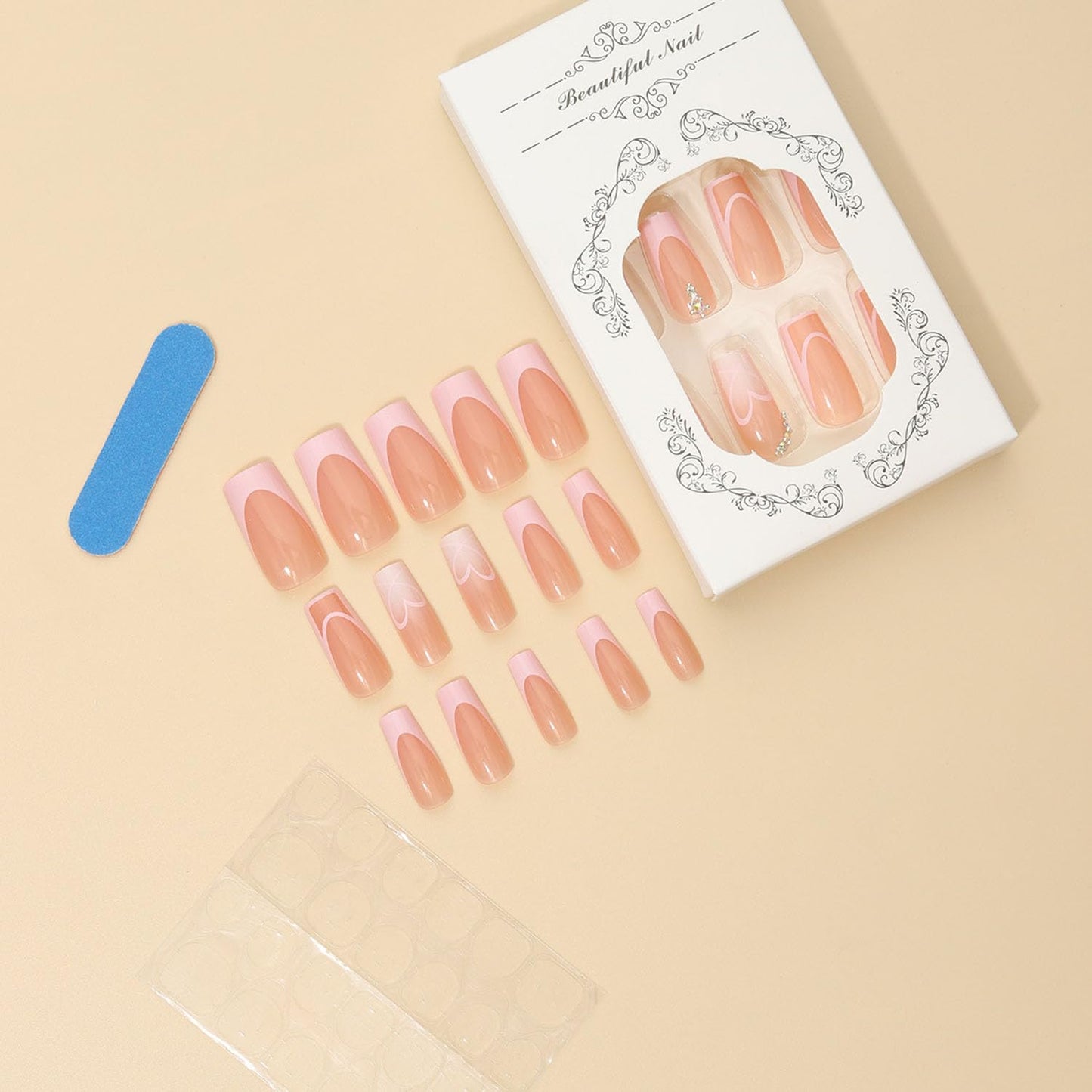 Medium Press on Nails Square Glue on Nail Light Pink French Fake Nails 3D Rhinestones Acrylic Nails Heart False Nails Cute & Reusable Stick on Nail for Women 24 Pcs