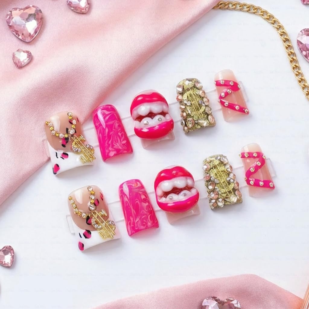 IntoVibes 10 Pieces Luxury Acrylic Press On Nails Short Handmade Duck Nails, Pink Thickened False French Nails, Exaggerated Red Lips And The Dollar Sign, Reusable Fake Nails, Acrylic Nails (L)