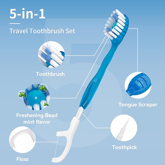 Disposable Mini Travel Toothbrushes, 5-in-1 Pre-Pasted Mini-Brush+Floss+Pick+Tongue Scraper, Prepasted On The Go Toothbrush for Travel, Portable Toothbrush with Freshening Bead, Coolmint, 10 Count