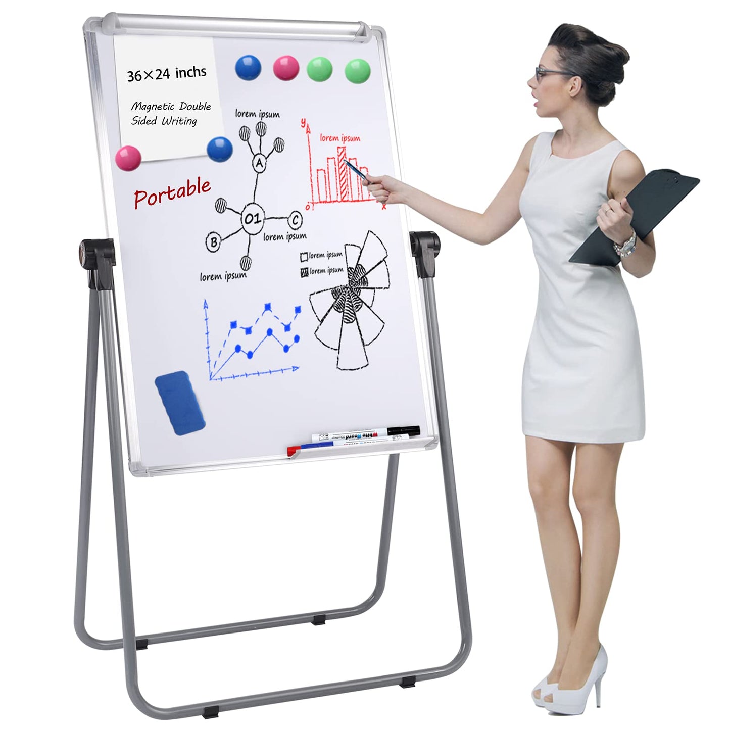 Dry Erase Board with Stand, Double Sided Magnetic Whiteboard, 24 x 36 Portable Height Adjustable White Board with Aluminium Frame