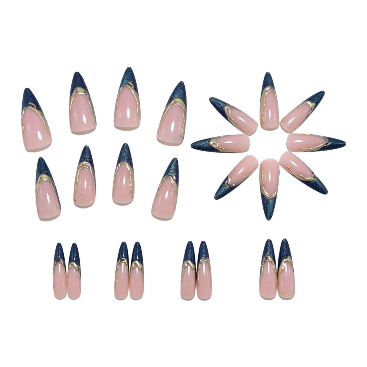 Long Press on Nails Almond Fake Nails Blue Artificial Nail French Cat eyeStick on Nail for Women 24pcs