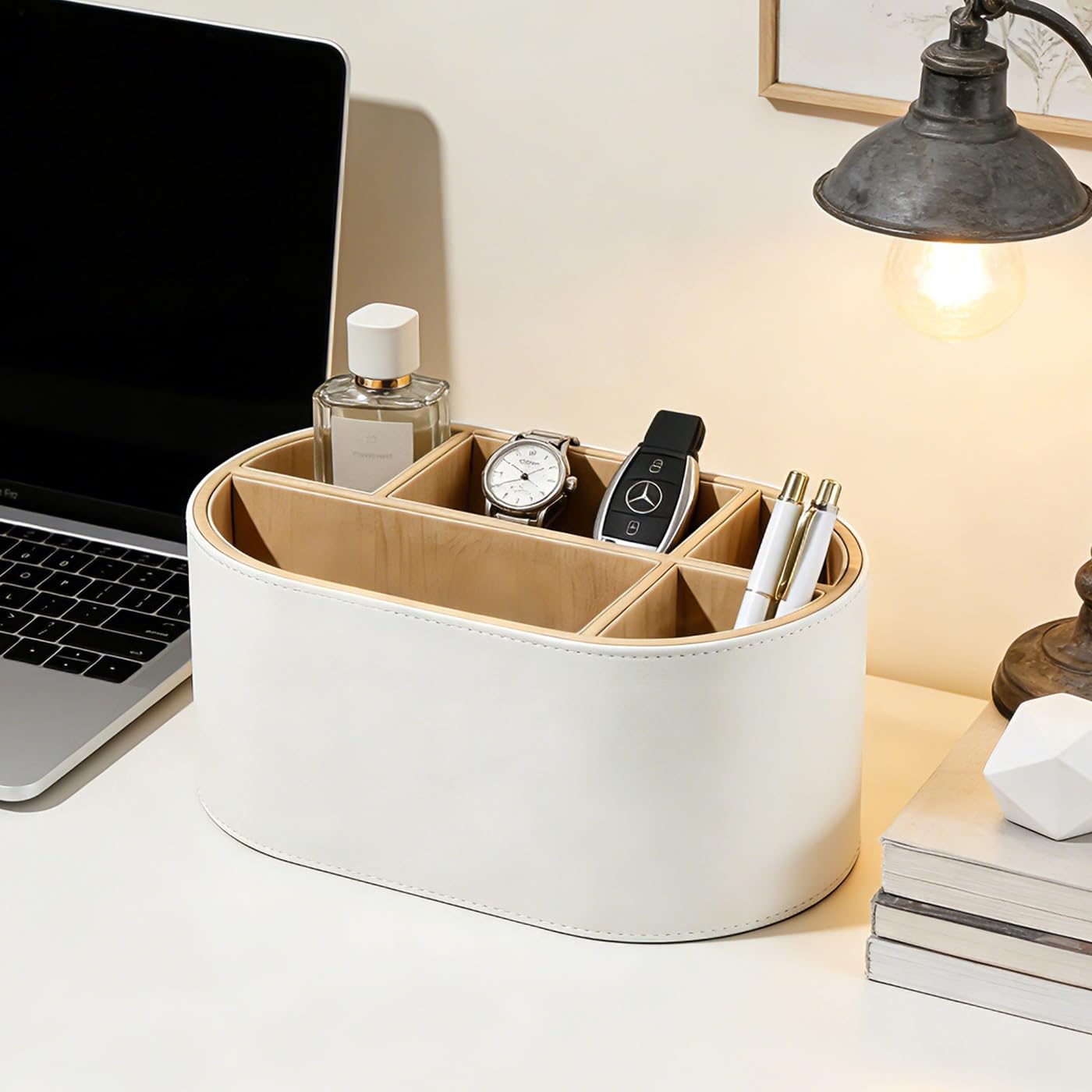 KINGFOM PU Leather Desk Organizer with Multi Compartments, Desktop Caddy Holder for Remote Controls, Pens, Makeup Brushes, Office Accessories (Beige)