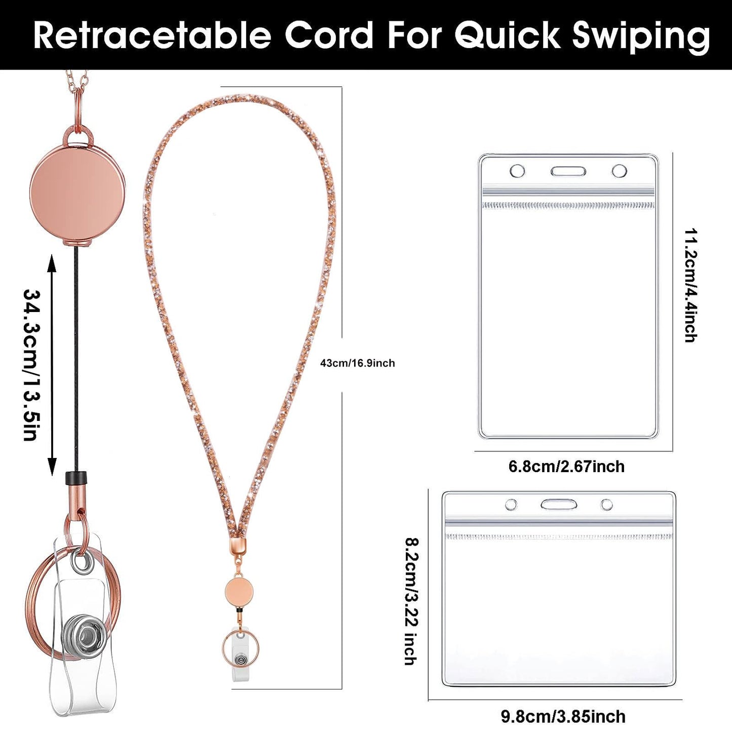 3 Pack Set Retractable ID Badge Holder with Bling Neck Strap Neck Lanyard for Teacher Office Worker