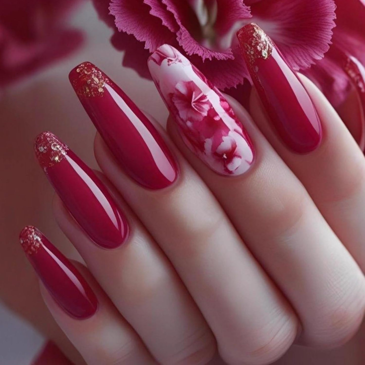 Chunmeng 24 Piece Long Ballet Armor Valentine's Day Rose Red Flower Sparkling Powder Detachable Nail Pressing Smooth, Fashionable Women's Artificial Nails Can Be Reusable