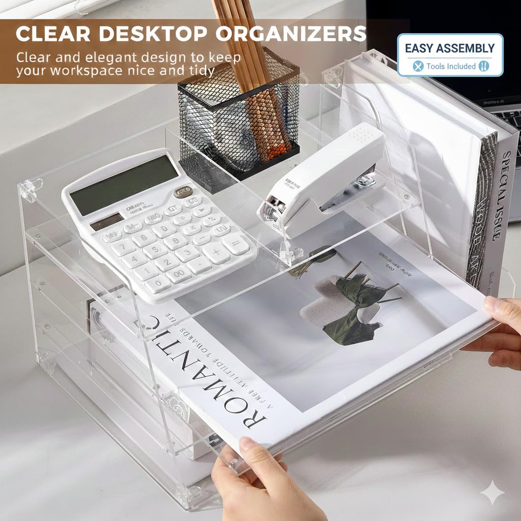 ACRYLATO, Acrylic Desk Organizer - 4-Tier Tray with Vertical File Holder for Books, Stationary, Letter, Magazines, Documents, and File Organizer - Durable Space Saving Storage, For Home and Office