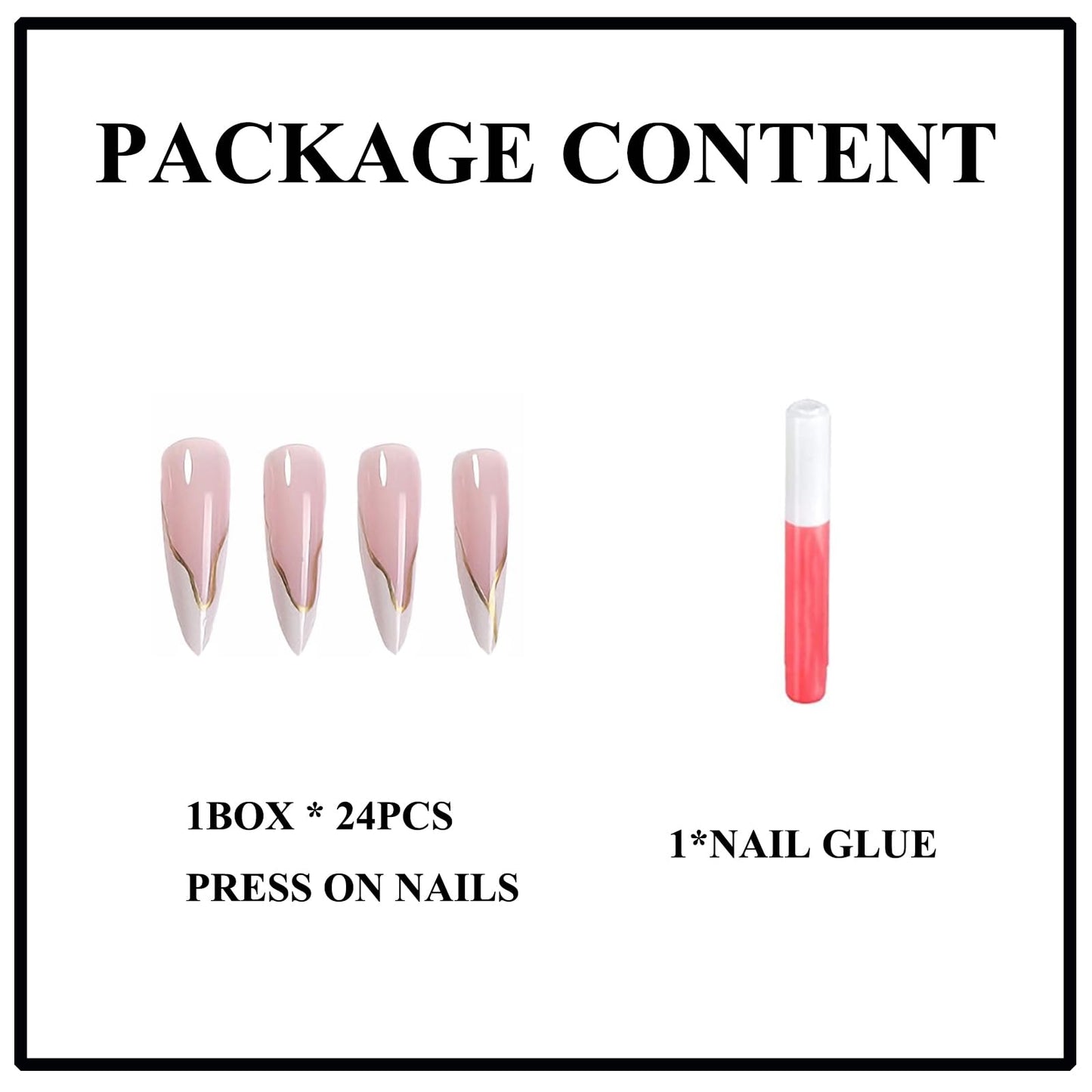 MERVF Press on Nails Long Stiletto White French Tip Fake Nails Wedding Glue ons Acrylic Nail Gold Lines Design Manicure Supplies Glossy 24pcs