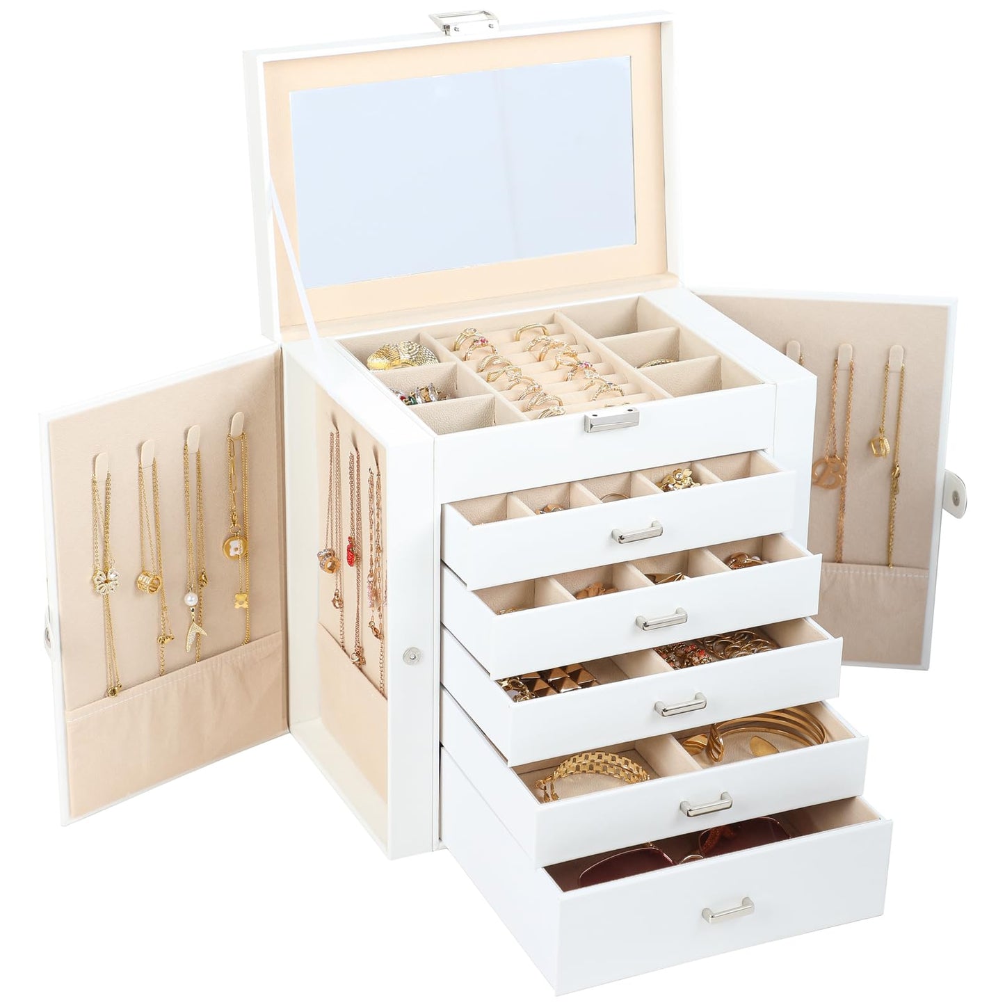 BOOVO Jewelry Box For women, 6 Layer Large Jewelry Organizer With Mirror, Multi-Function Storage Box With Lock, Necklace Holder With 5 Drawers, For Earrings Necklace Bracelet (Silver and White)