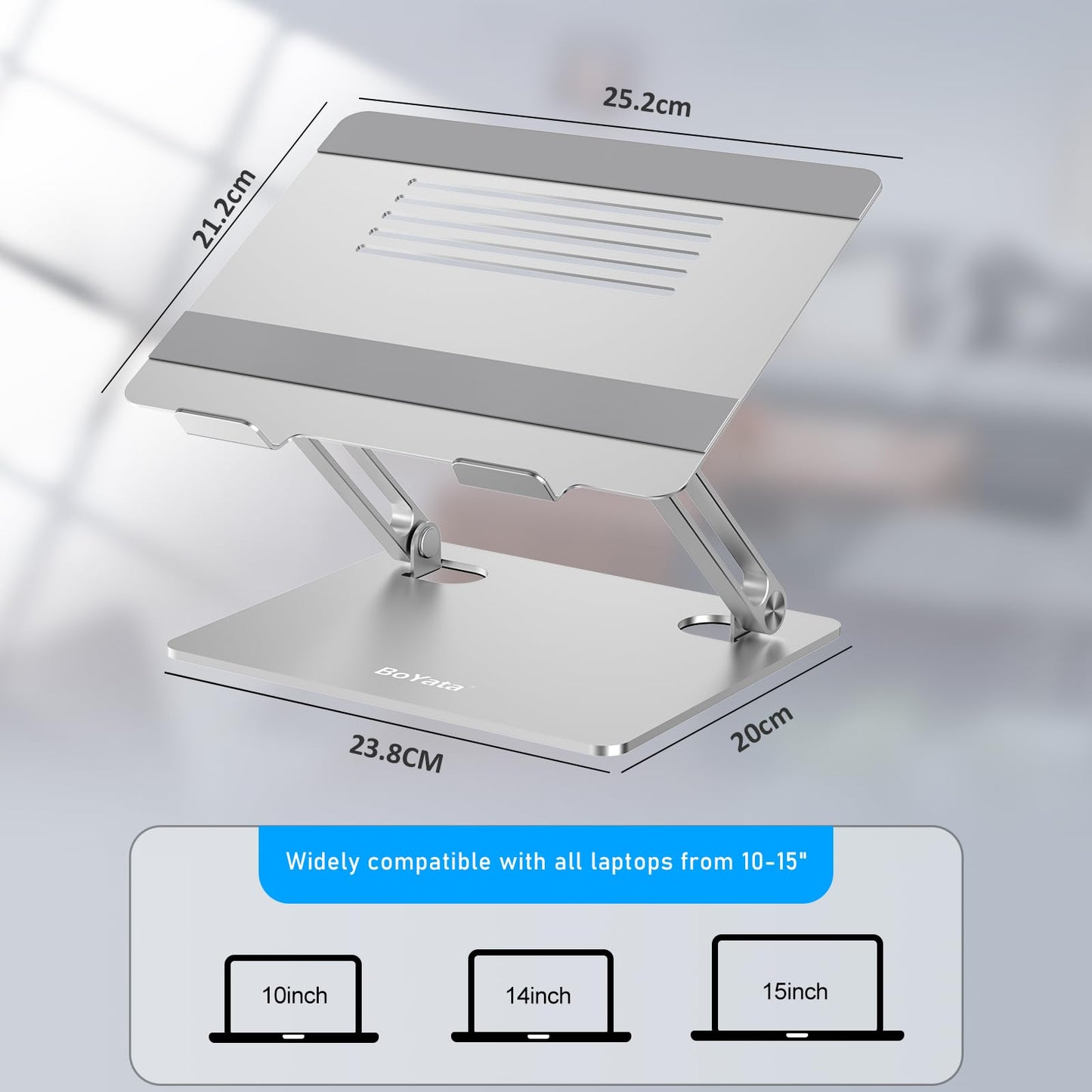 BoYata Laptop Stand, Adjustable Laptop Riser with Slide-Proof Silicone and Protective Hooks, Aluminum Notebook Stand for Laptop up to 15 Inches, Laptop Holder Compatible for MacBook (Silver-2)