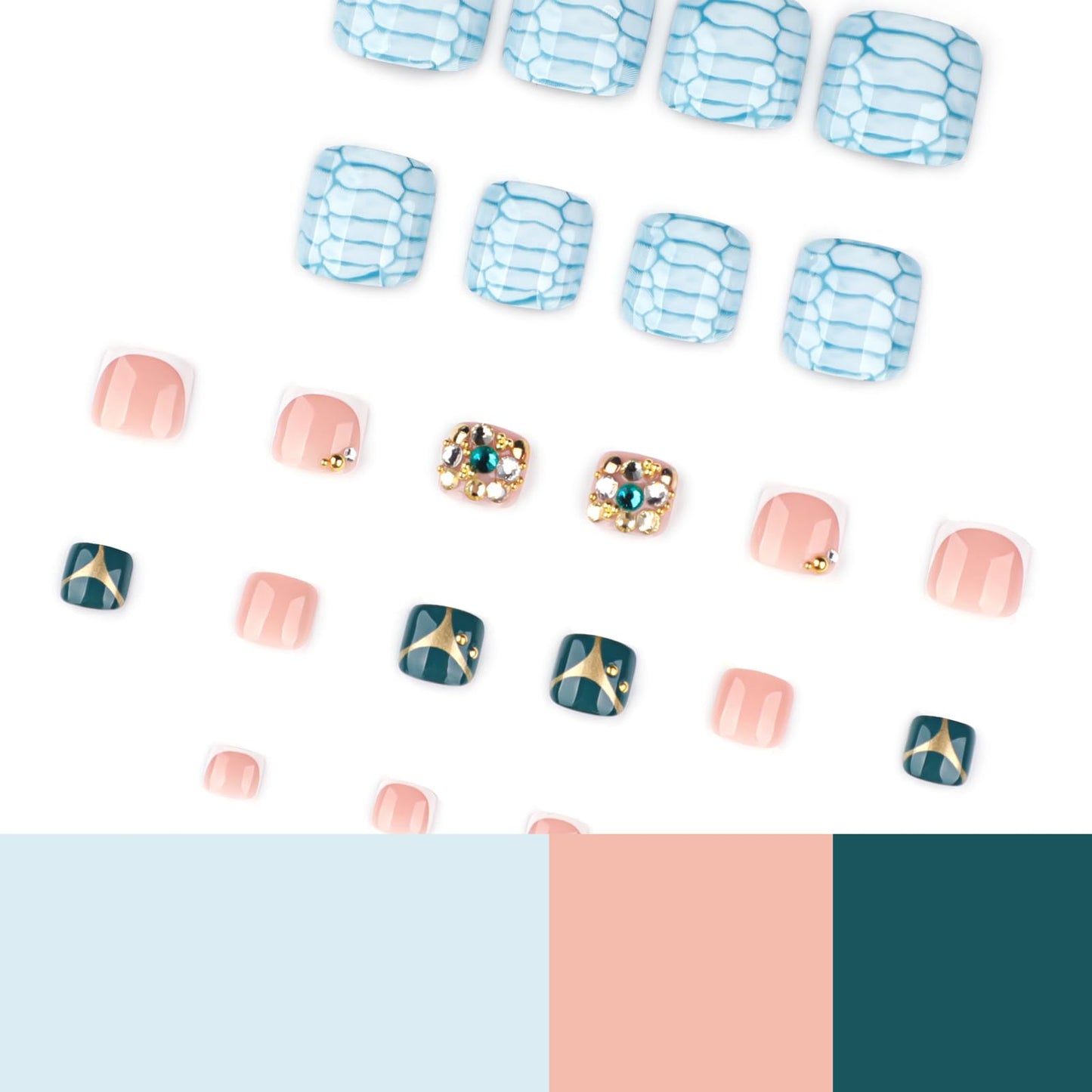 IMRAIN Press on Toenails - Blue Crocodile Print | Nude Fake Toe Nails with Rhinestone Designs Full Cover Glossy Handmade False Toe Nails 24Pcs