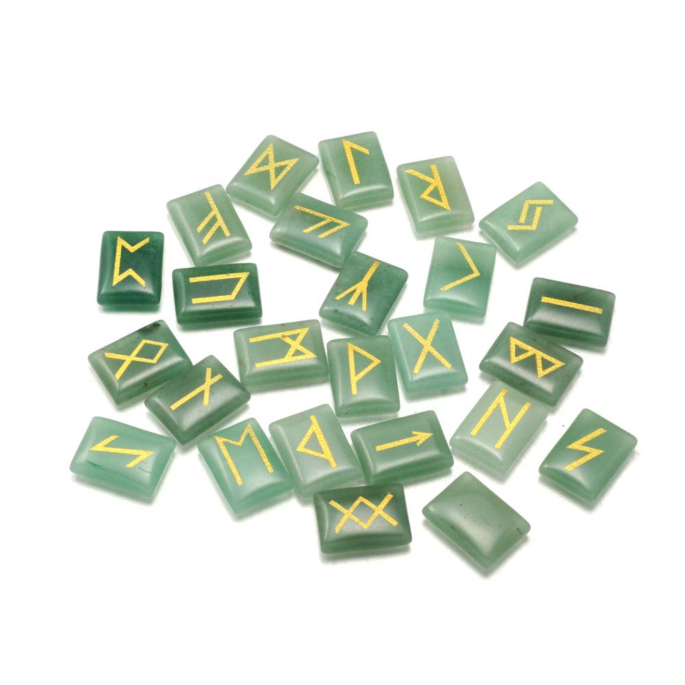 Zotoone Rune Stones Set with Engraved Elder Futhark Alphabet Natural Runes Stones Crystal Meditation Divination Healing Chakra Reiki Green Aventurine (1 Flax Cloth Bag)