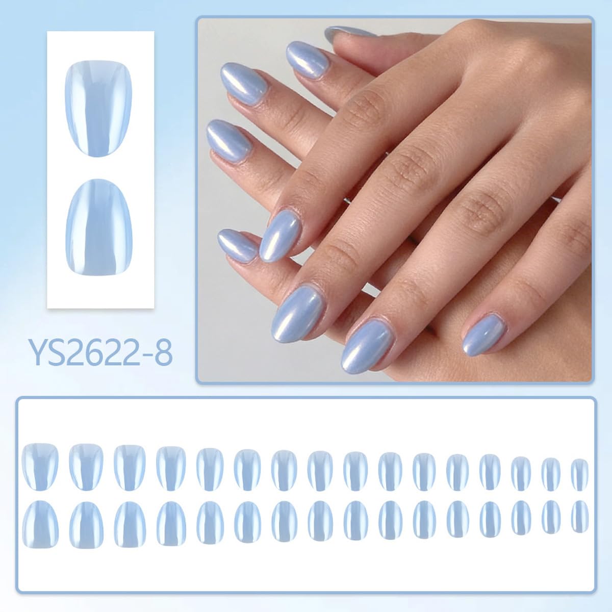 Blue Chrome Press on Nails Short Oval Fake Nails Spring Summer Nails Press ons with Glazed Design,Reusable & Easy Apply Full Cover Stick on Nails for Women Manicure 32Pcs