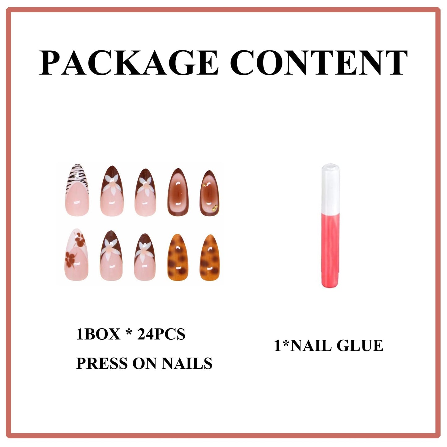 MERVF Almond Press on Nails Long Fall Fake Nails Brown French Tip Glue ons Flower Stiletto Acrylic False Nail Aura with Zebra Print Design Glossy 24pcs