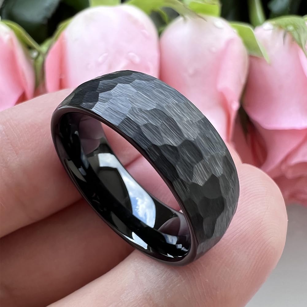 TUTISS 8mm Black Hammered Tungsten Carbide Rings for Men Women Engagement Wedding Bands Domed I Love You Engraved Comfort Fit Size 9