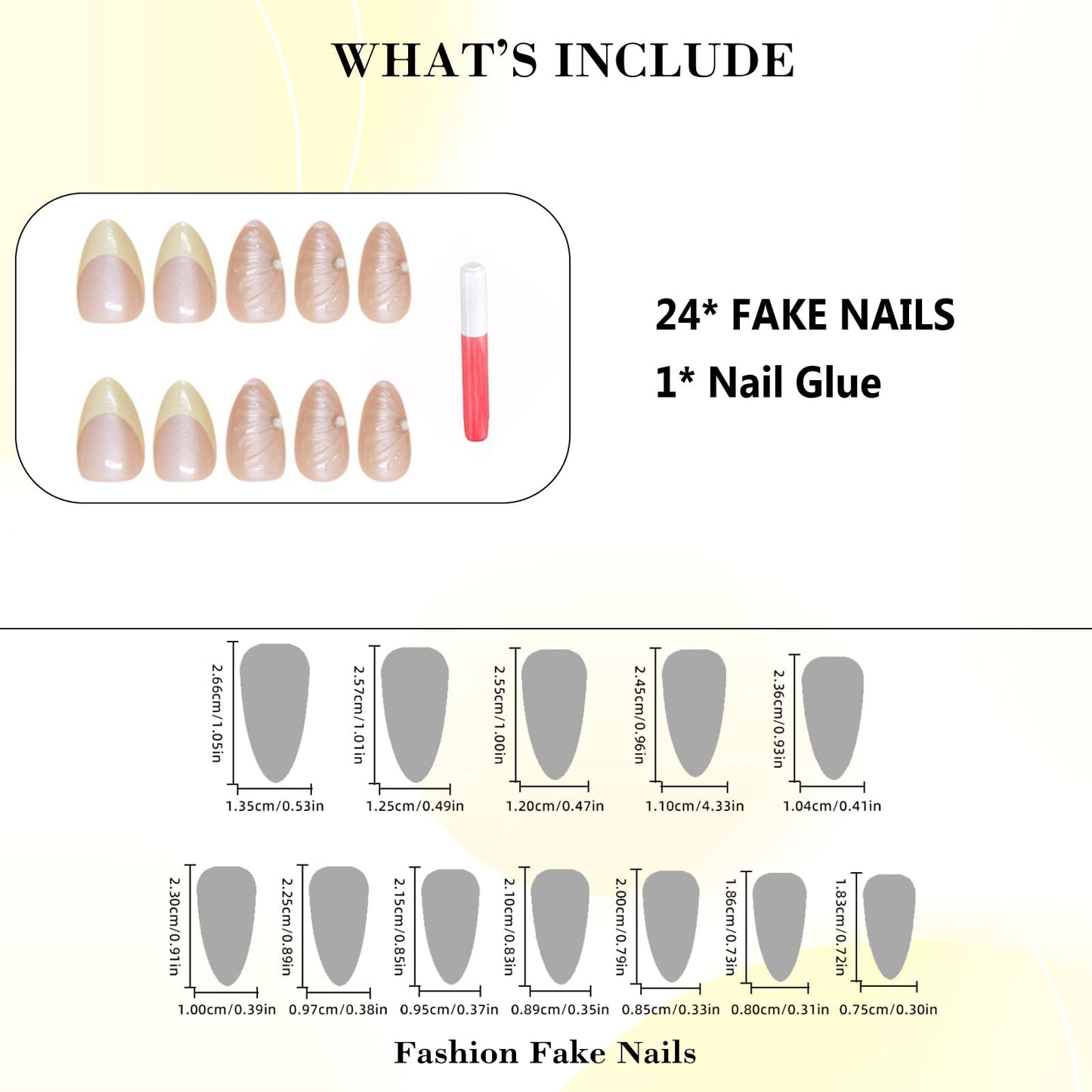 IMRAIN Chrome Press on Nails Medium Almond Fake Nails Yellow French Tips Glue on Full Cover 3D Shell & Rhinestone False Nails Cute Nude Artificial Nails - 24Pcs