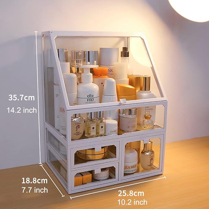 MOOCHI White Vintage Glass Cosmetic Makeup Organizer 3 Drawers Set Dust Waterproof Cosmetics Storage Display Case Countertop for Brushes Lipsticks Jewelry