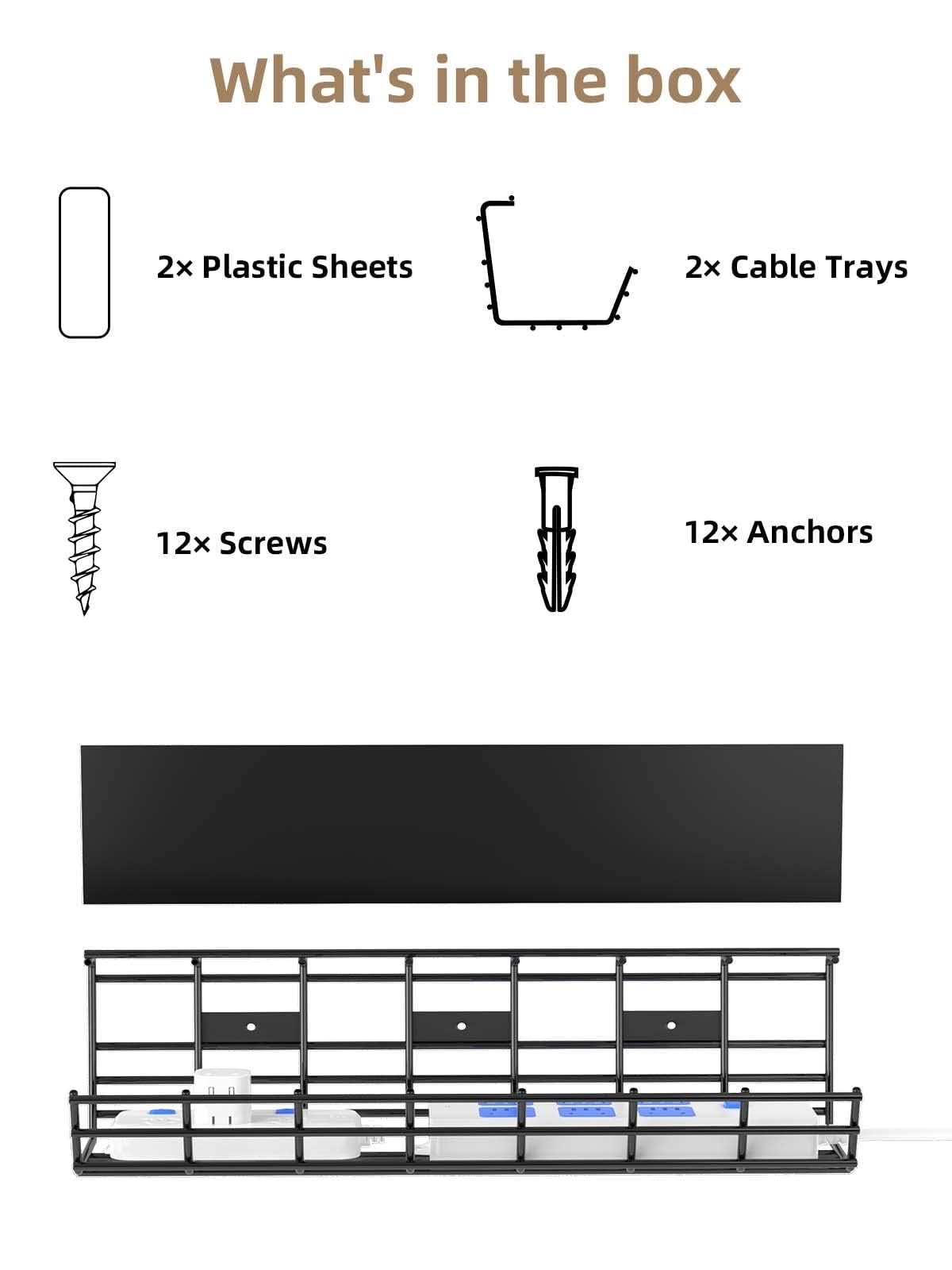 2 Pack DELAMU Under Desk Cable Management Tray, Large Metal Cord Organizer, Office & Home Cord Wire Management Under Desk Shelf, Easy Install Pre-drilled Cable Organizer, Black
