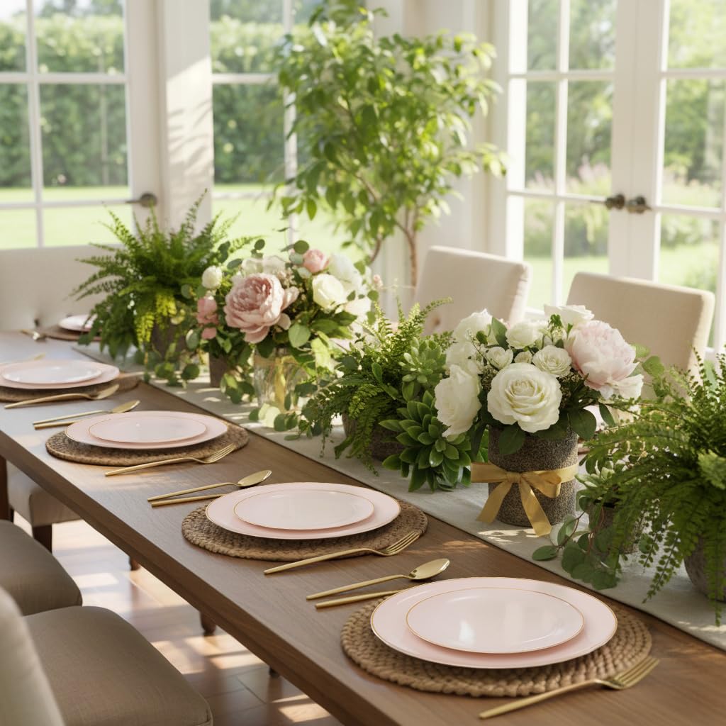 I00000 150 PCS Pink Plastic Plates for Party,Heavy Duty Pink Disposable Plates,Gold Dinnerware Set Include 30 Dinner Plates,30 Dessert Plates,30 Gold Plastic Silverware Set for Mother's Day