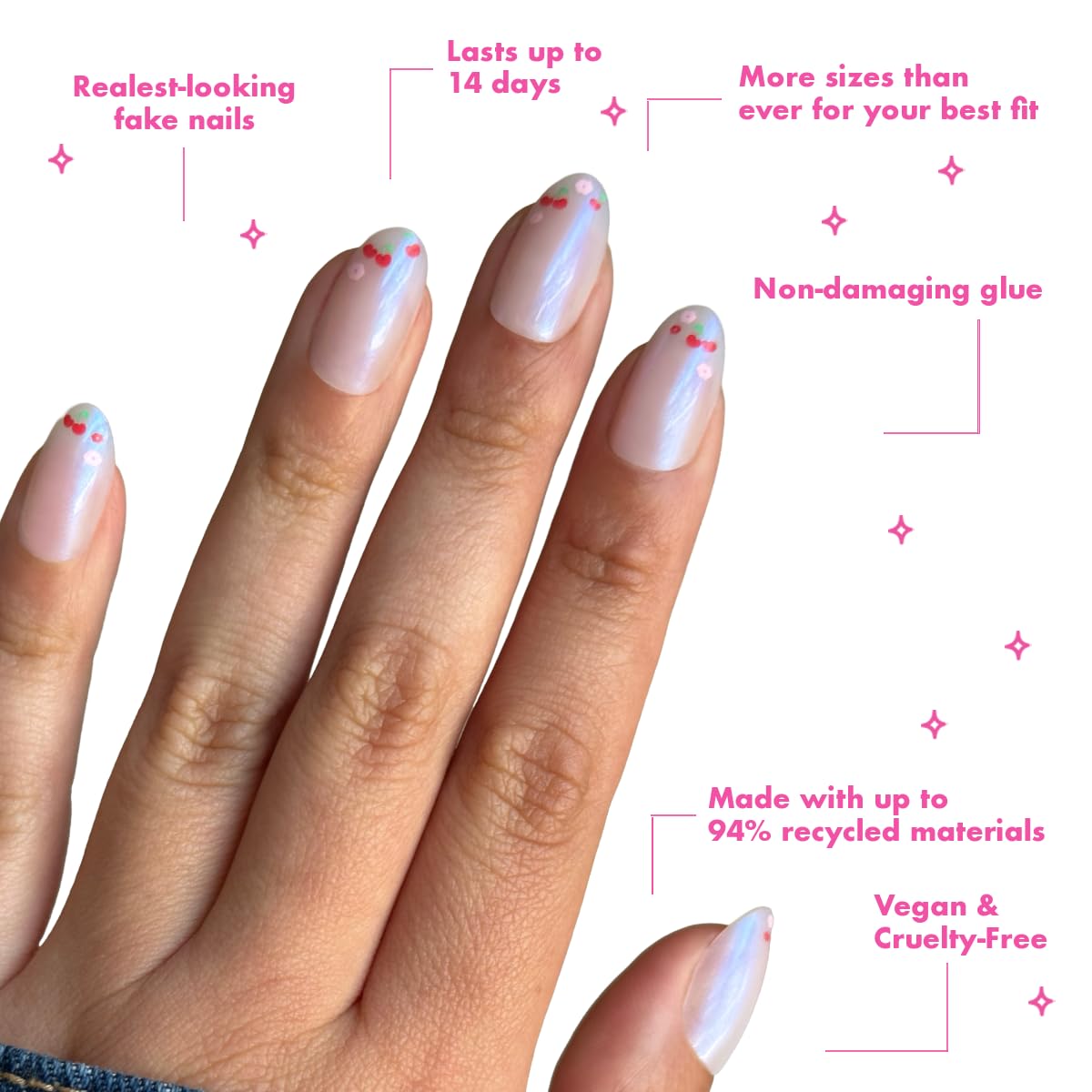 Olive & June Maximalist Instant Mani Press-On Nails (Glue) | 42 Fake Nails, 21 Sizes | Non-Toxic, Long-Lasting Big, Bold Gorgeous Realistic Look | Medium, Oval | Cherry Floral Chrome French