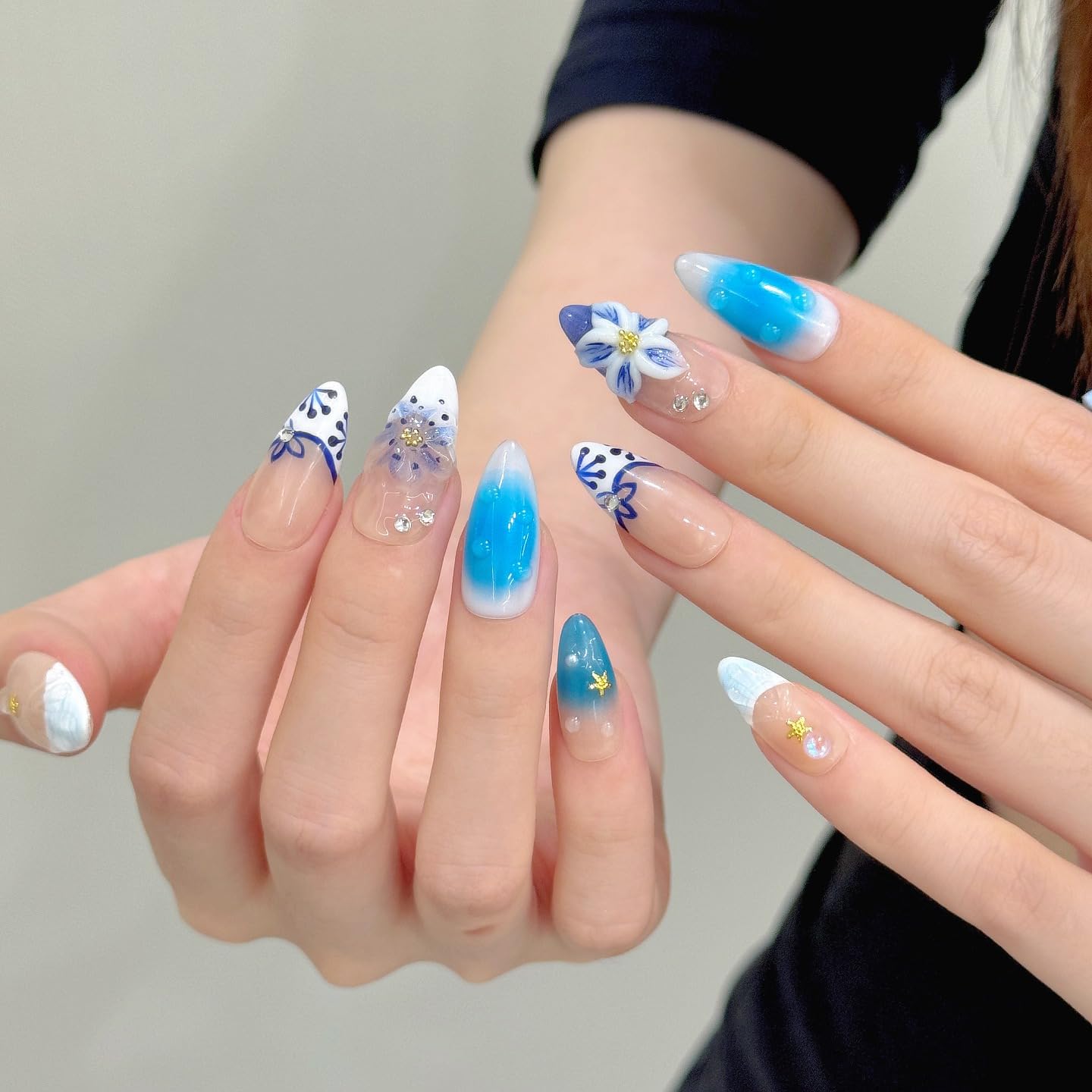Tesytto Blue Ombre Press on Nails Medium Almond - 3D Ocean Ripple French Tip, Handmade Tropical Shell Polka Dot Flower Summer Vacation Nails (Big Island-B,M)