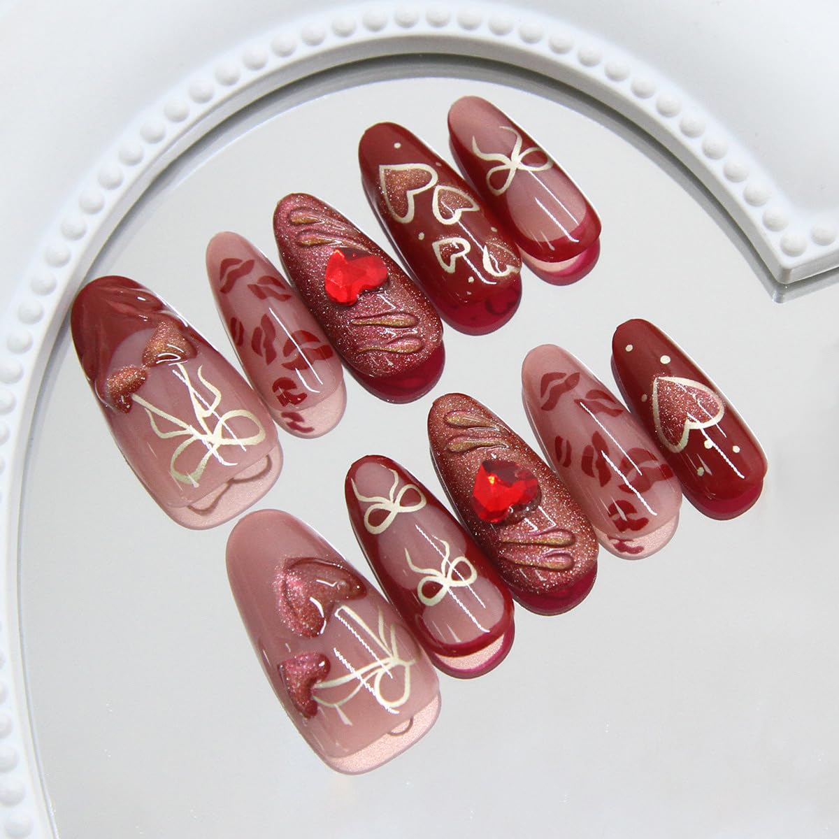 30Pcs Red Heart Press on Nails Medium Almond French Tip Fake Nails with Cute Openwork Bow Cherry Designs Sexy Lips Full Cover Acrylic Stick on Nail Romantic Valentines False Nails for Women DIY Kit