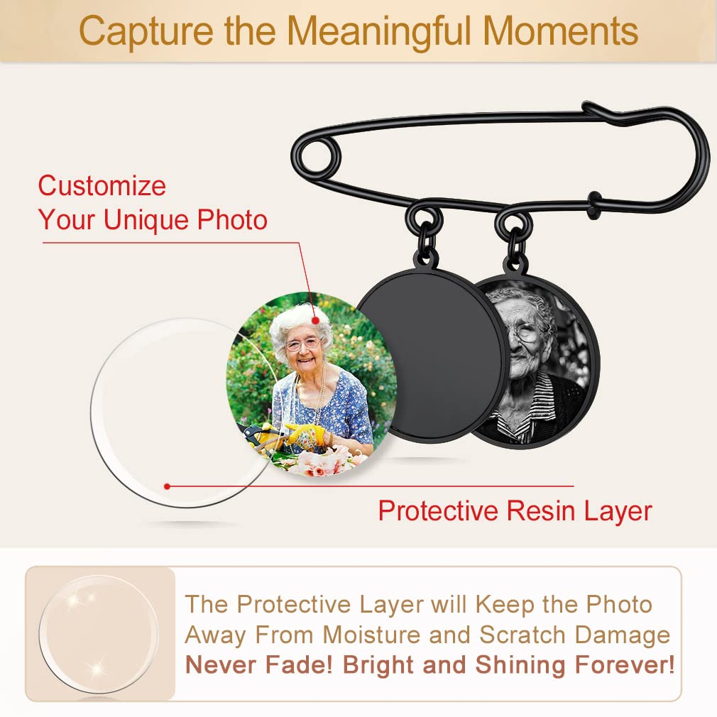 Custom4U Bridal Bouquet Photo Charms Customized Memory Round Charm for Wedding Funeral Boutonniere Pictures Brooch Pins