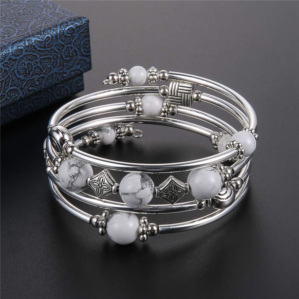 Beaded Pearl Bangle Wrap Bracelet - Fashion Bohemian Jewelry Multilayer Charm Bracelet with Thick Silver Metal Beads, Gift For Women(Howlite)