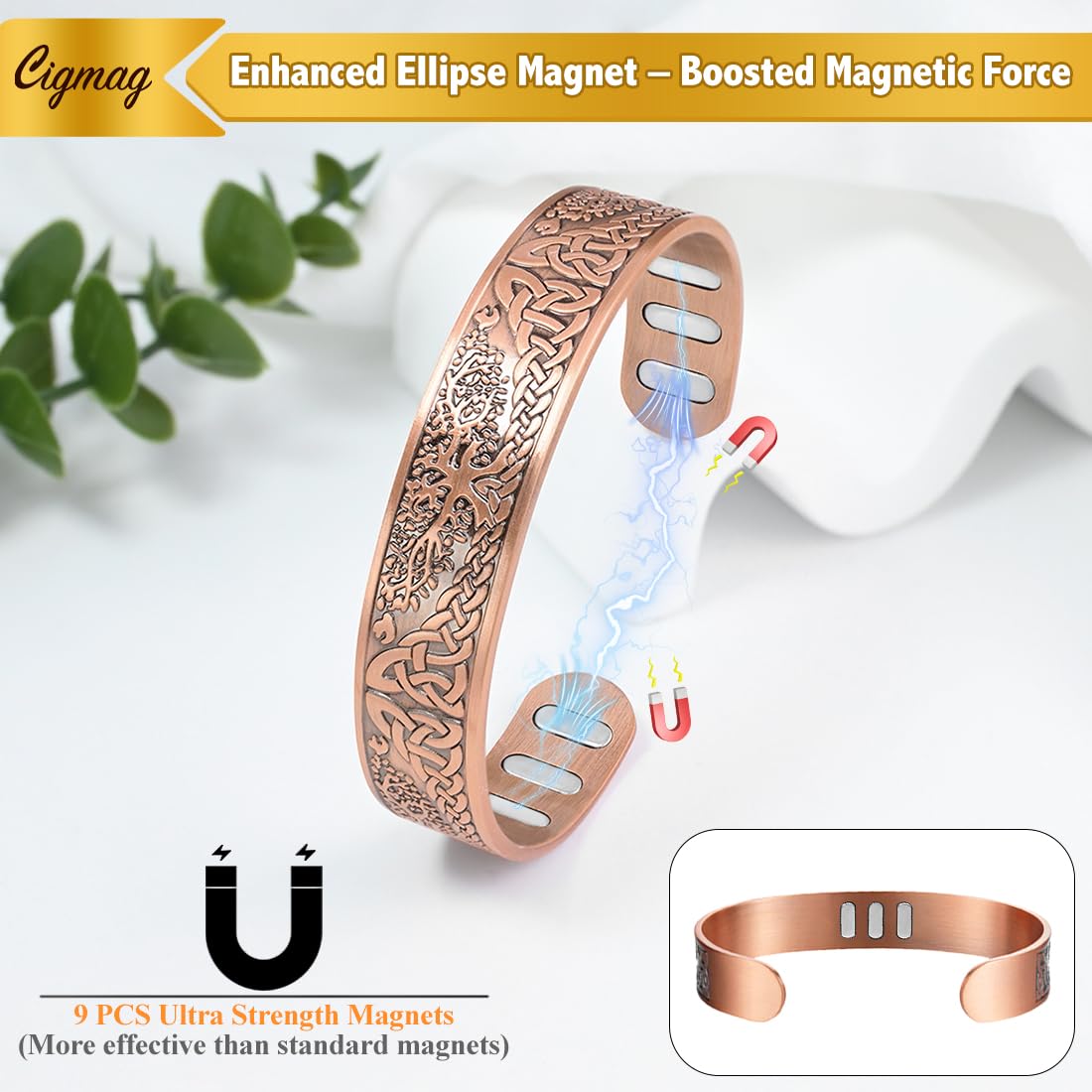 Cigmag Copper Magnetic Bracelet for Men, with Powerful 9X 5000 Gauss Magnets, Adjustable Solid Pure Copper (Enhanced Tree of Life)