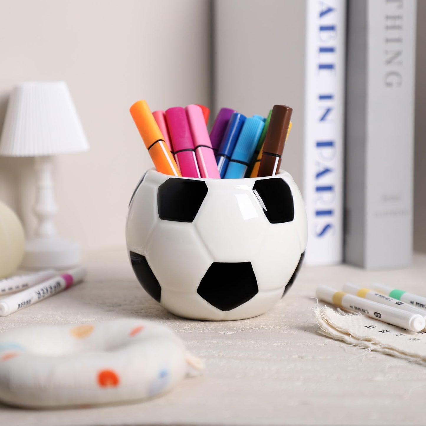 Sizikato Ceramic Pencil Holder for Study, Desktop Decor Football Pen Holder