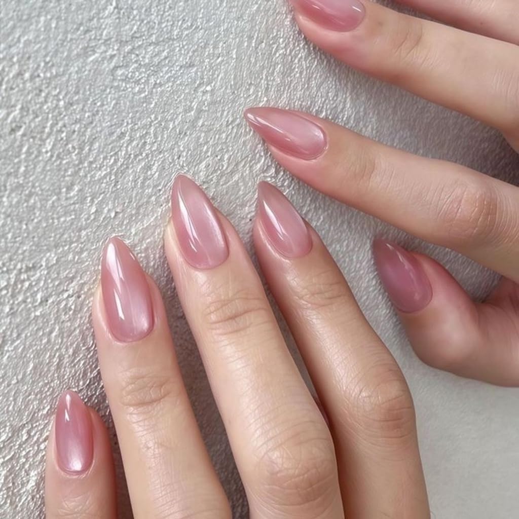 CTTHNBD Press on Nails Almond - Medium, Pink Fake Nails with Shiny Design - Glossy Full Cover Stick on False Nails - for Women 24 Pcs