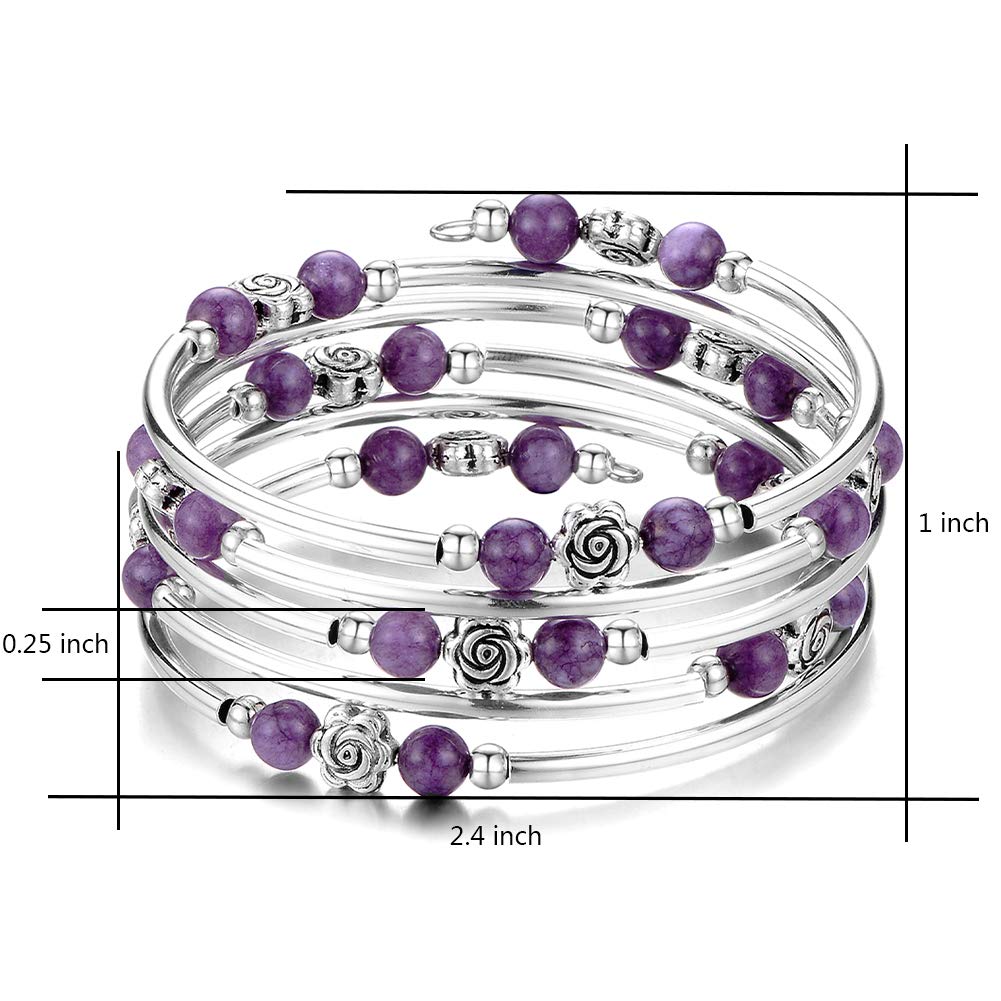 BULINLIN Wrap Bangle Rose Bead Bracelet - Beaded Bracelet with Natural Agate Stone Gifts For Women(01-Purple stone)