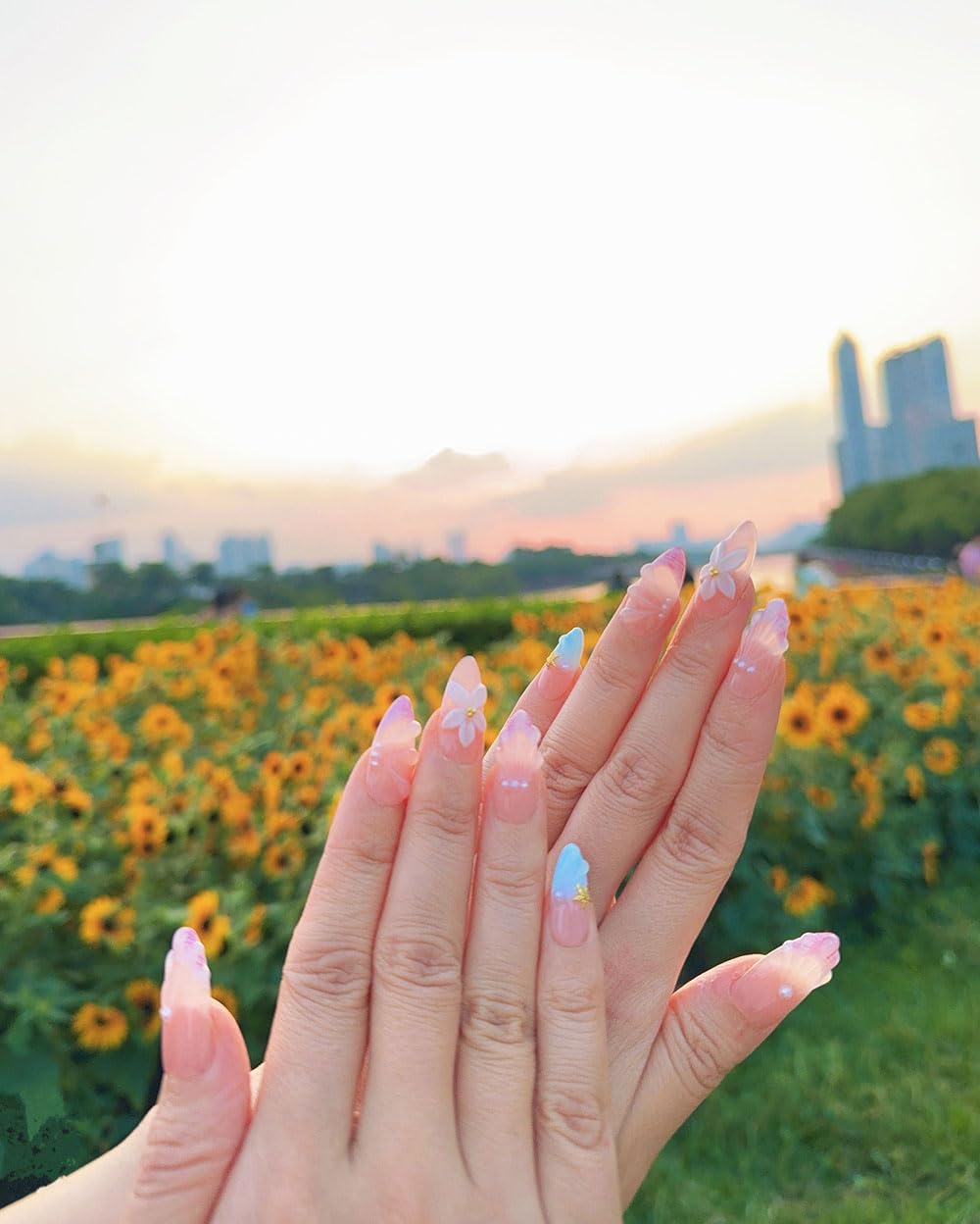 10Pcs Medium Almond Handmade Press On Nails | Easy Apply & Remove, Reusable Salon Quality Nails | Sheer Nude Beach Themed Fake Nails with 3D Seashell & Floral Accents (A022, S)