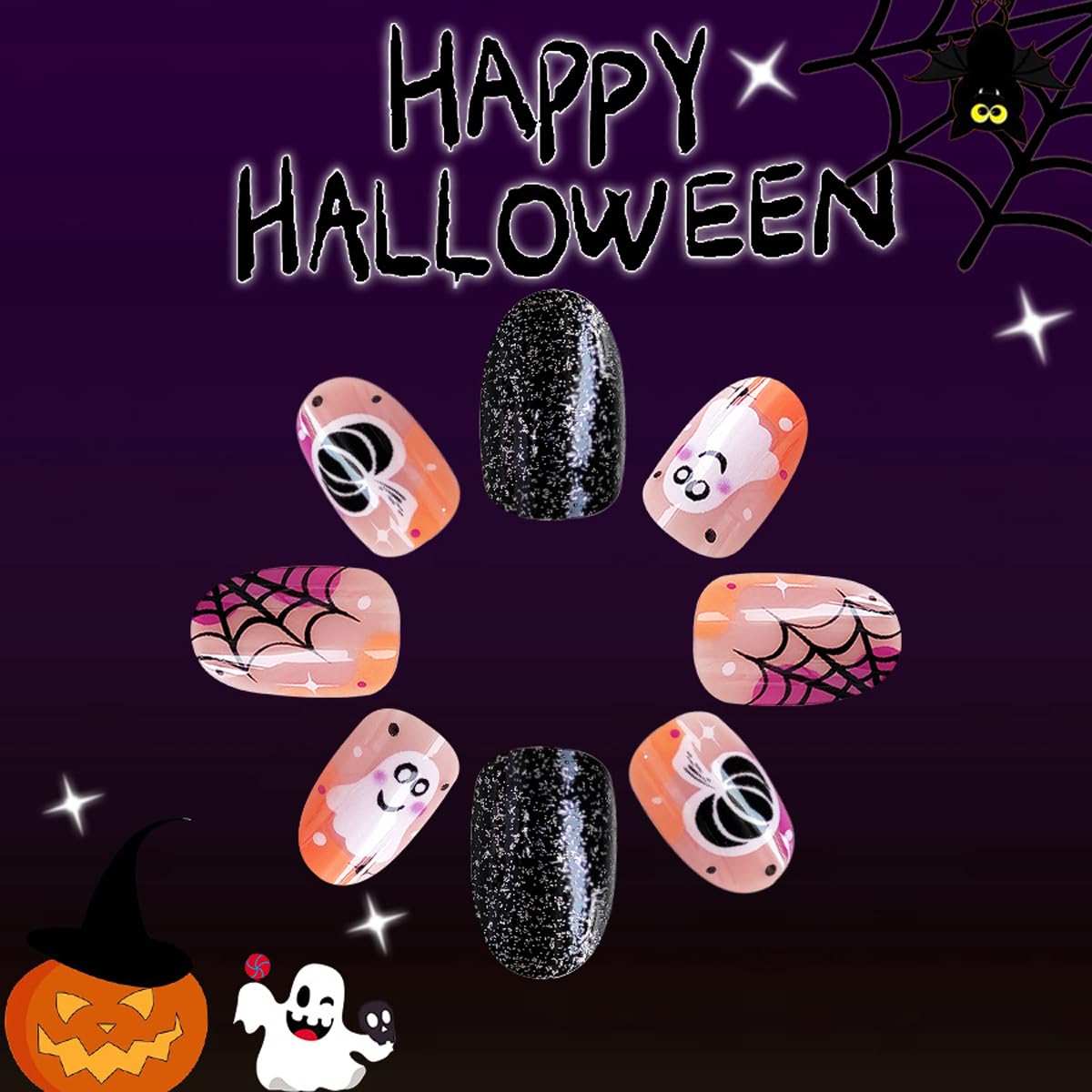 Short Oval Press on Nails Halloween Motifs Fake Nails with Ghost,Spider Web,Pumpkin Design,Full Cover Stick on Nails for Women Manicure,Reusable | Artificial | Nail Sticky Tabs | Easy Apply | 24Pcs