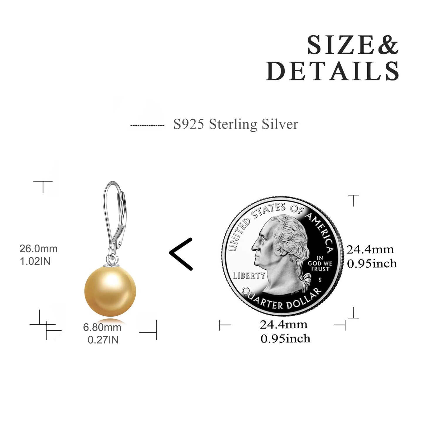 925 Sterling Silver Pearl Leverback Earrings Dangle Drop Jewelry Gifts for Women (Gold Pearl)