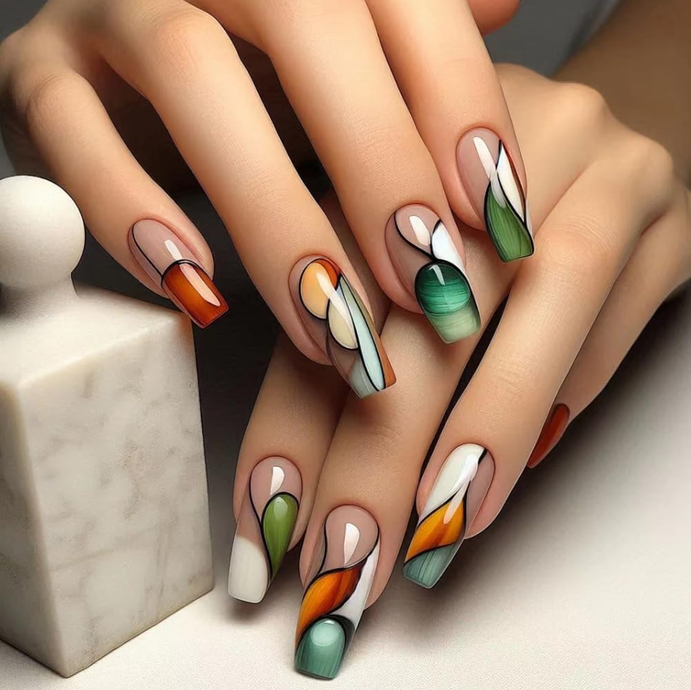 24Pcs Medium Square Fake Nails Color Collision Press on Nails with Artistic Lines Designs Spring Summer Nails Glue on Acrylic False Nail Full Cover Glossy Stick on Nail for Women Manicure Kit
