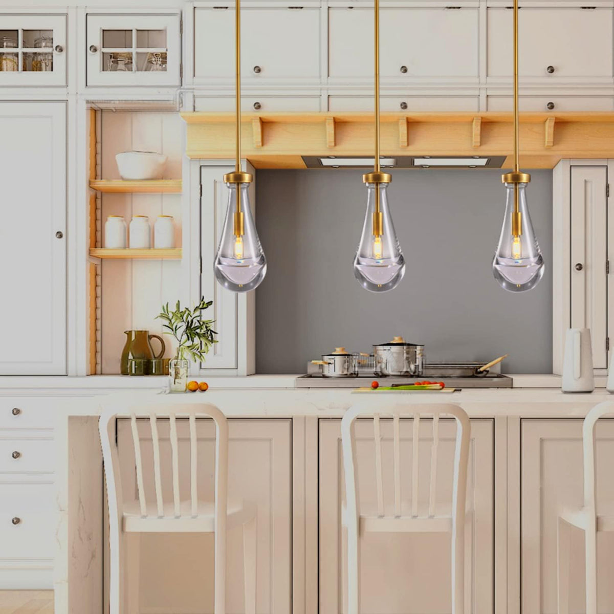Modern Raindrop Pendant Lights, Pendant Lights for Kitchen Island, Brass Rod Dining Room Light Fixture， Clear Solid Raindrop Chandelier, Chandelier for Living Room Hallway, Including Bulb