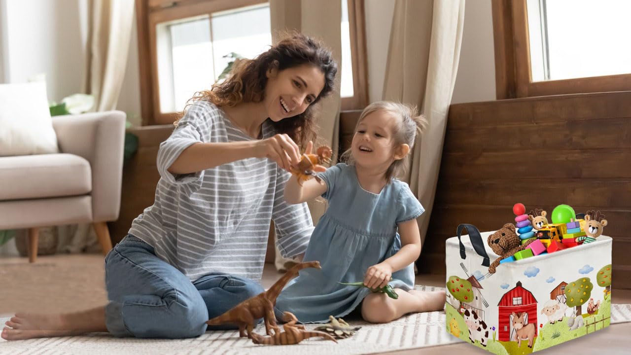 Sanjiaofen Rectangular Kids Baskets,Farm Baskets for Kids .Waterproof PE Coating Cute Basket with Handles.Boys Bins,Gifts Box,Books Basket. (Farm)