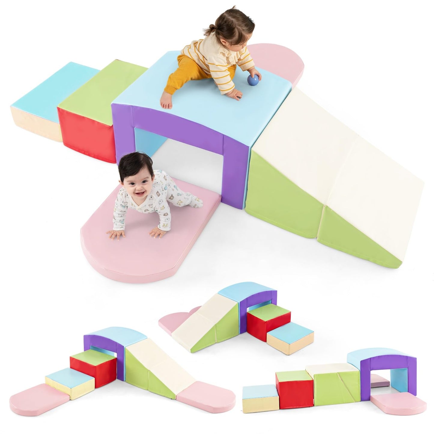 Olakids Climbing Toys for Toddlers, 7 Pieces Indoor Baby Foam Blocks Soft Play Set with PU Leather, Kids Climb and Crawl Sliding Activity Structure Gym Playground Climber