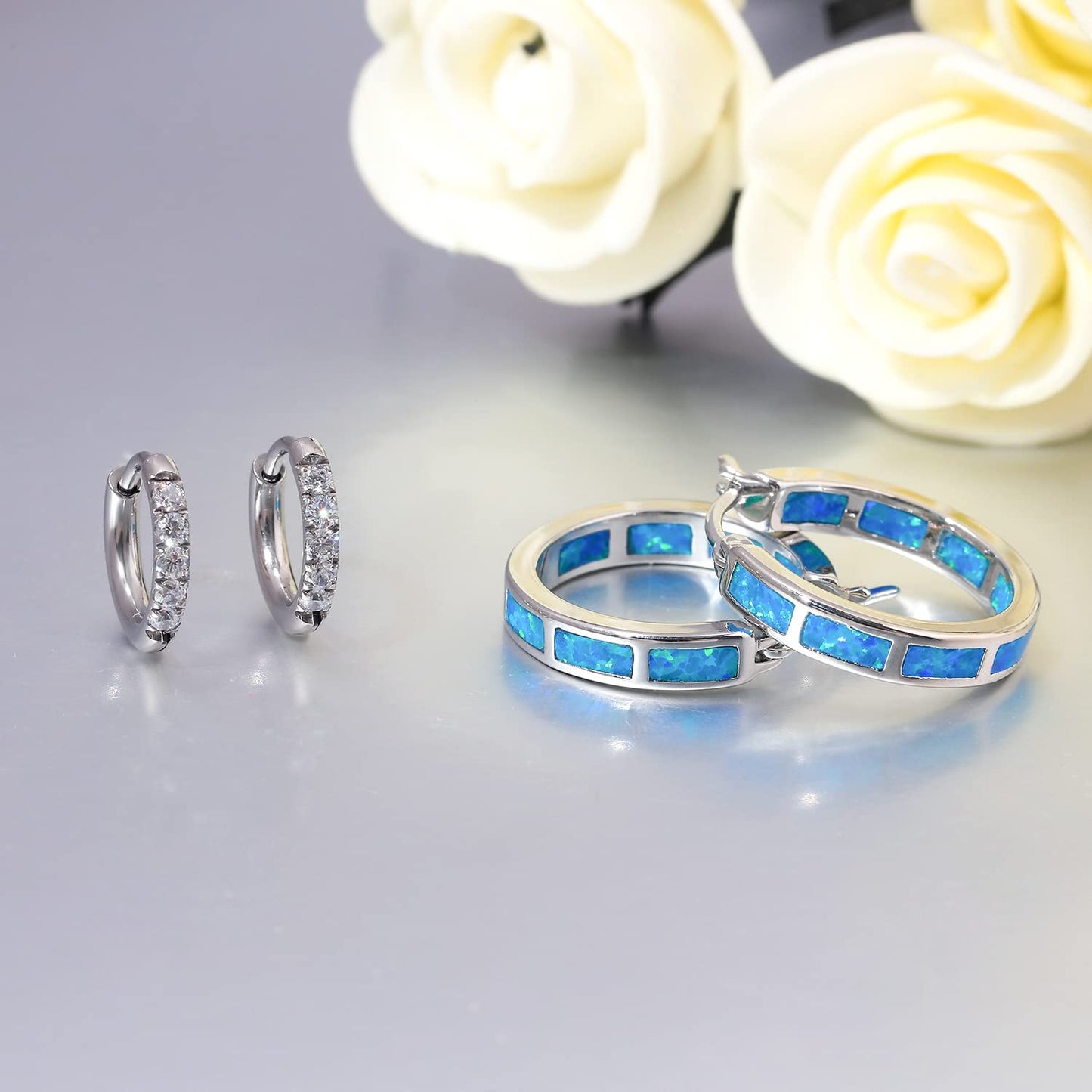 CiNily 2 Pairs Hoop Earring Set for Women Silver Plated Blue Opal Small Hoop Earring Hypoallergenic Cubic Zirconia Tiny Earrings