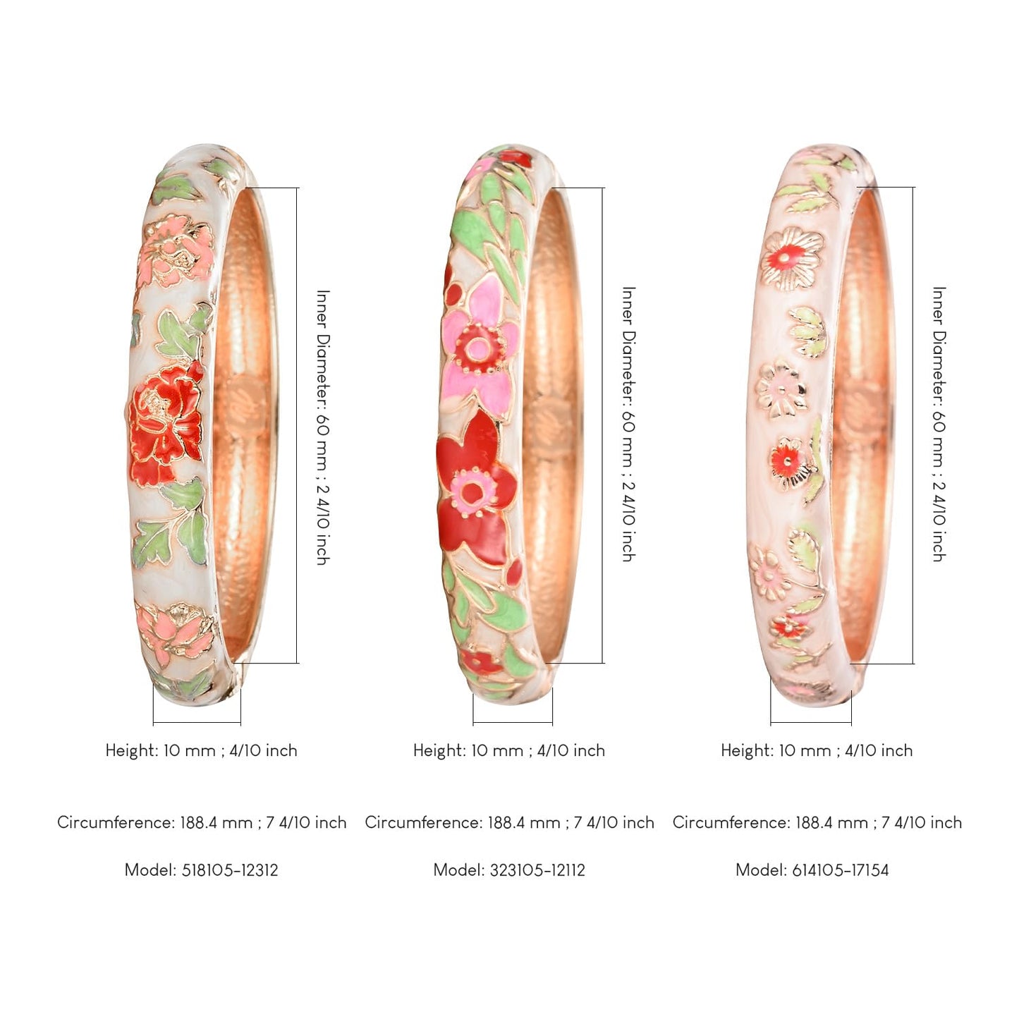 UJOY Womens Multi-Colors Cloisonne Bracelet Gold Plated Flower Enameled Hinged Cuff Bangles Jewelry Gift 55A-3PCS Cream White