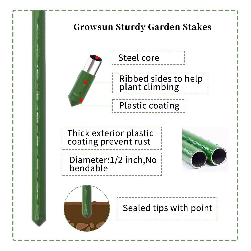 Growsun 5ft Garden Stakes Plant Cage Supports Tomato Trellis Climbing Metal w/Plastic Coated, Pack of 50