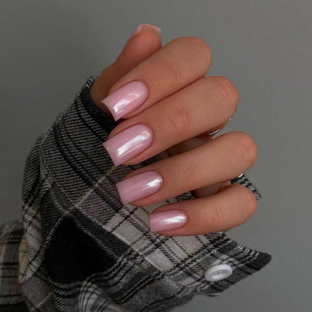 Bright Pink Press On Nails Short Medium - KQueenest Chrome Press On Nails Square, Sparkle Acrylic Fake Nails Press on Mirror Shine, Glazed Glue on Nails Short, Natural Stick On Nails for Women 24 Pcs
