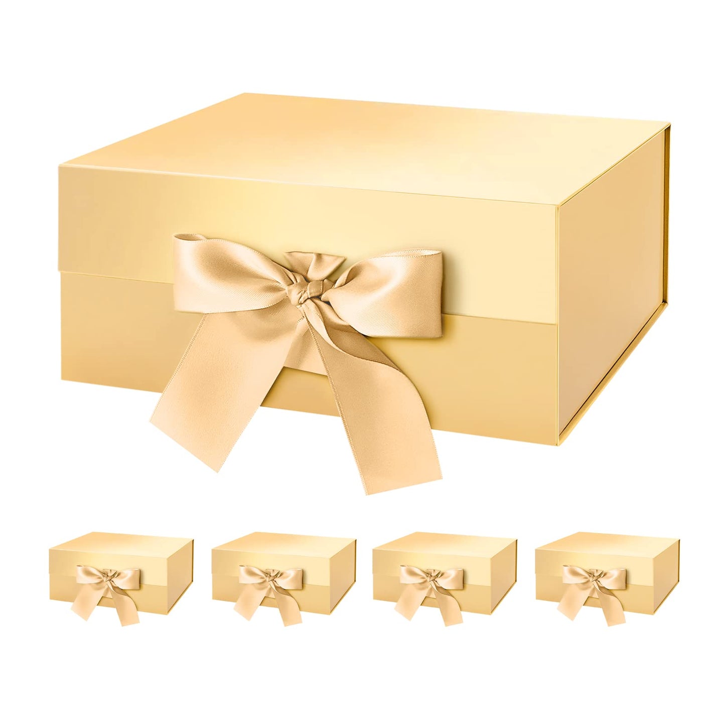 HAPPY POTATO 5 Gift Boxes with Ribbon 9x6.5x3.8 Inches, Gold Gift Boxes with Lids, Collapsible Boxes, Magnetic Closure Boxes for all occasion (Glossy Gold, Pack of 5)