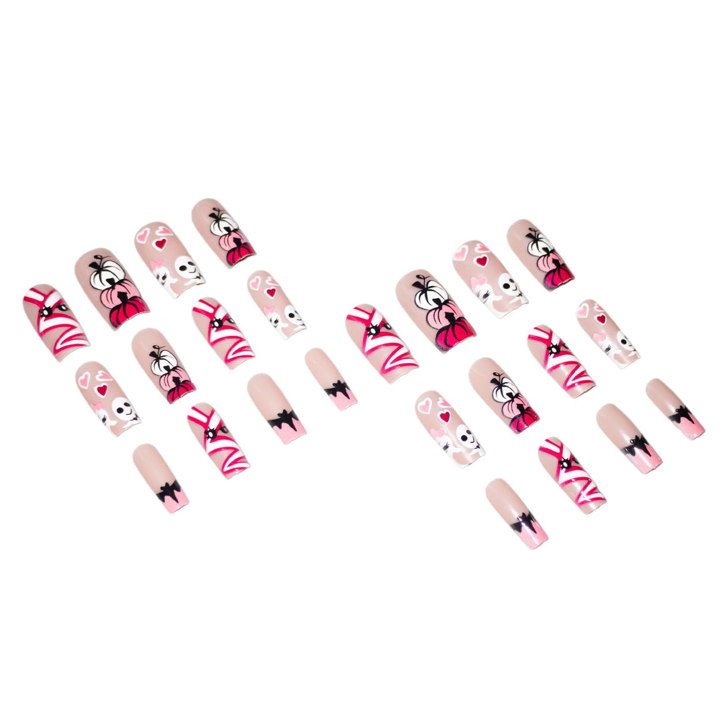 24Pcs Halloween Press on Nails Long Square Fake Nails Cute Ghost Pumpkin Bat Designs Halloween Glue on Nails Glossy Pink False Nails Full Cover French Tip Stick on Nail for Women Manicure Decor