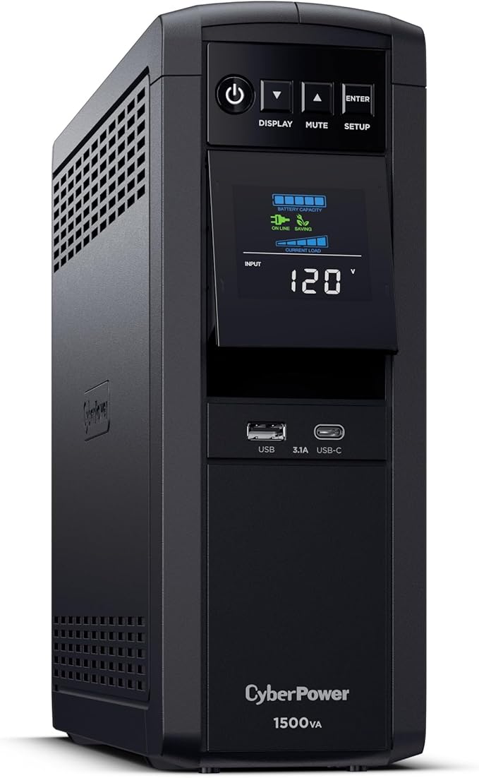 CyberPower CP1500PFCLCD PFC Sinewave UPS Battery Backup and Surge Protector, 1500VA/1000W, 12 Outlets, AVR, Mini Tower; UL Certified