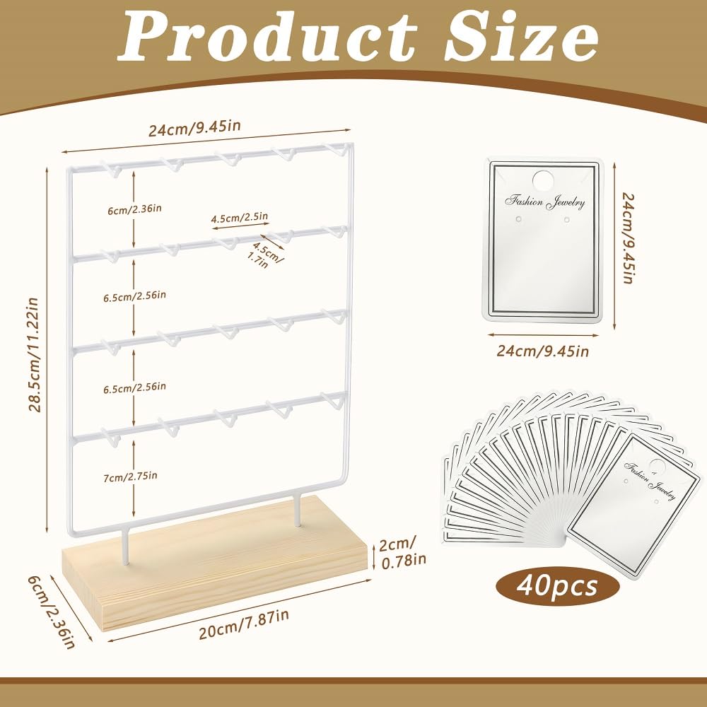 Kvittra Earring Display Stand for Selling, Wood Earring Rack Display Holder Stand, 4 Tier 20 Hooks Jewelry Display for Selling with 40pcs Earring Cards, Bracelets, Rings, Necklaces