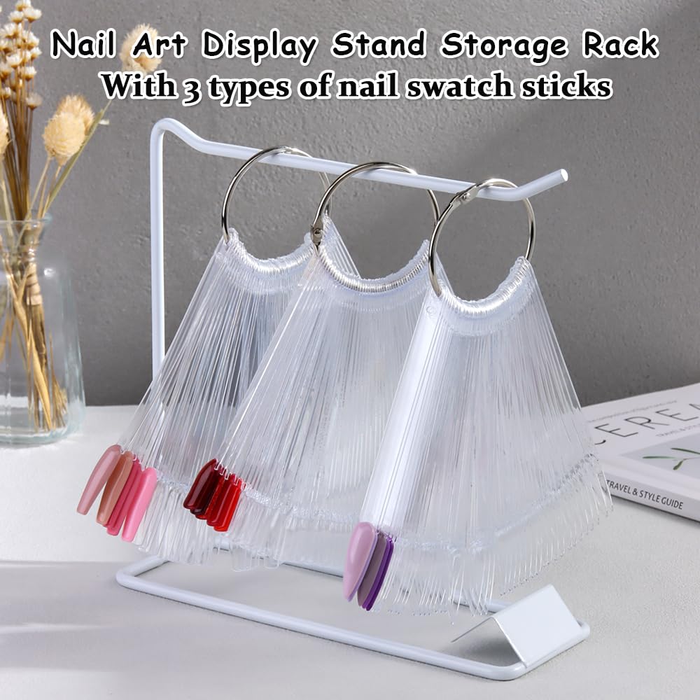 150 Pcs Nail Swatch Sticks with Ring & Nail Art Display Stand Storage Rack, Clear Fan-shaped Display for Nail Art Polish Practice, False Nail Sample Tips Nail tech Supplies for Home or Salon Use