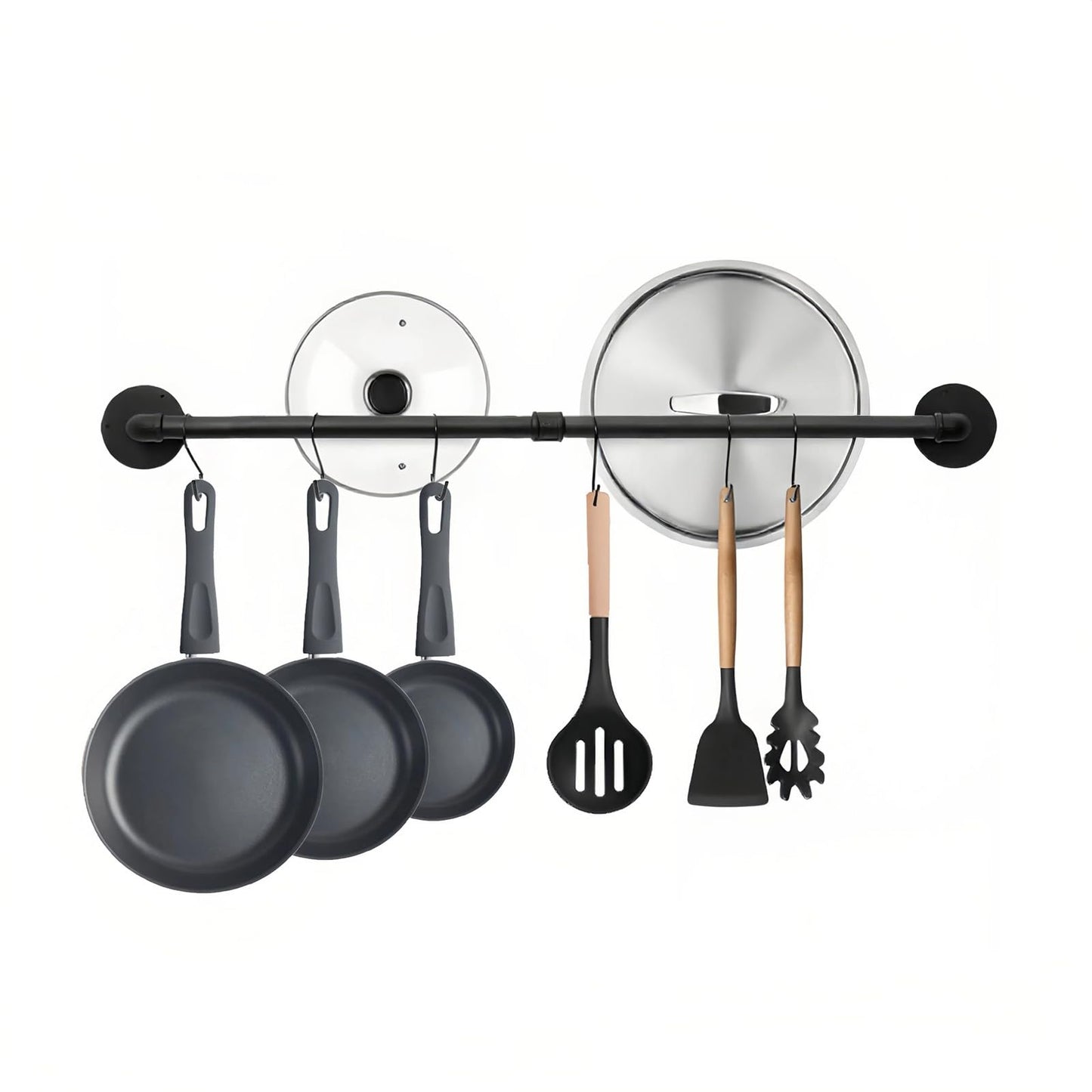 Boshangjia 24 inch Pot Rack Wall Mounted Pot Hangers for Kitchen, Detachable Storage Organizer, Industrial Pipe Lids Utensils Hanging Rail Iron Holder with 6 S Hooks, Black
