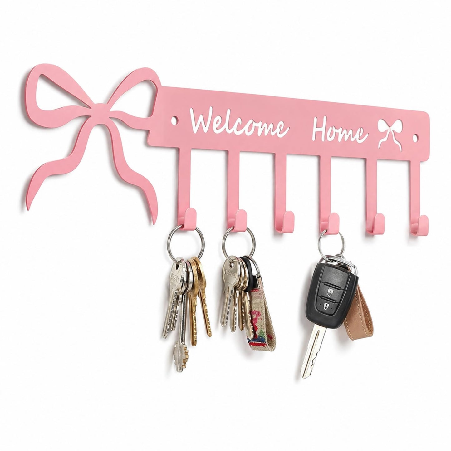 Novabright Pink Bow Welcome Home Key Hook for Wall Pink Bathroom Decor Cute Bow Towel Hooks Coquette Welcome Home Sign Key Holder Wall Mounted Racks 6 Coat Hanger for Bedroom Kitchen Entryway